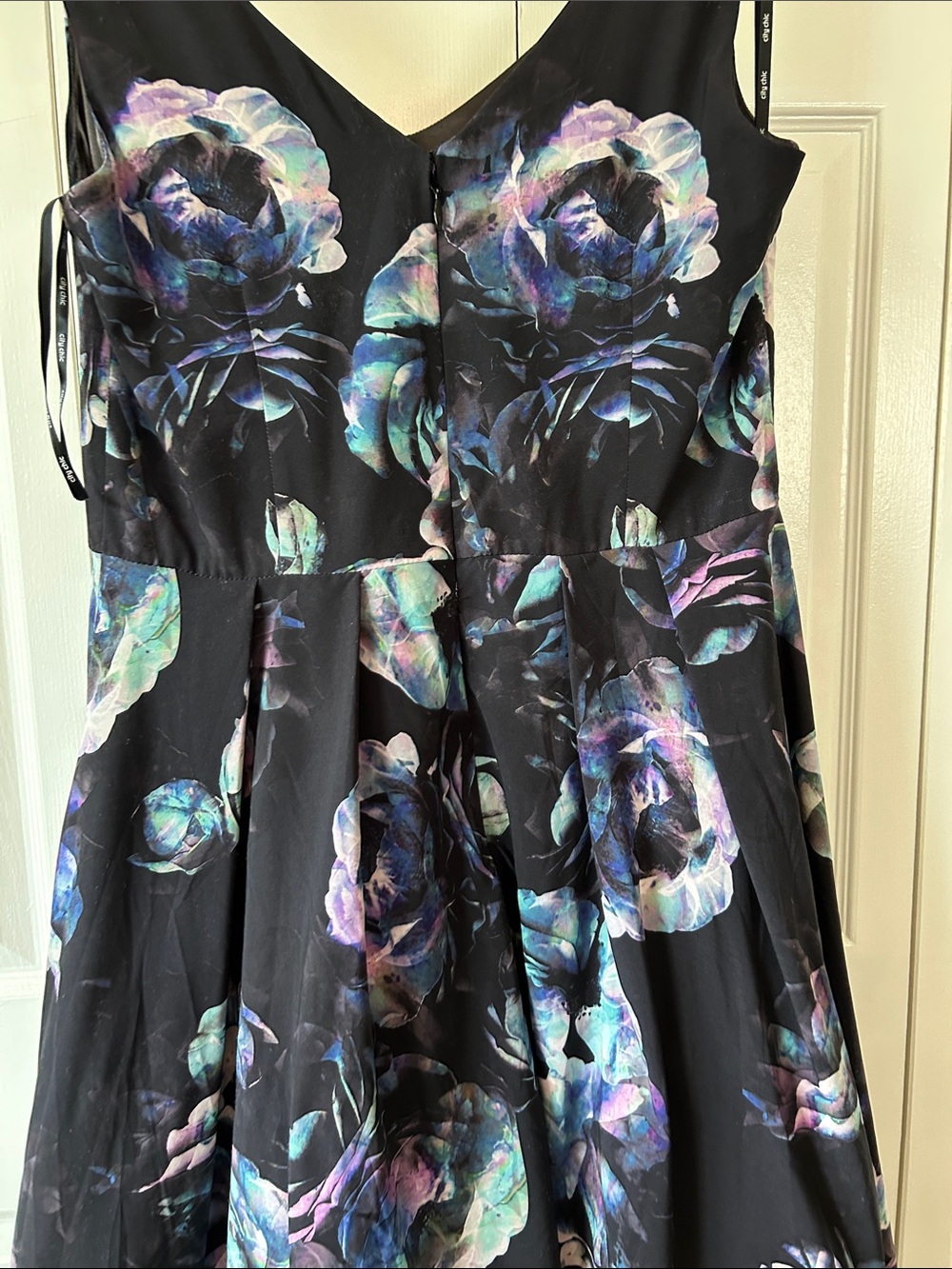 Floral V-Neck Black Dress with Blue-Purple Accents - Picture 4 of 10